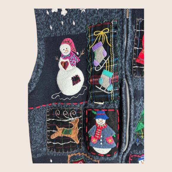 🎄 VTG UGLY CHRISTMAS SWEATER VEST ZIP UP STUDIO FA LA LA XL HEATHER BLUE PLAID - Picture 3 of 5